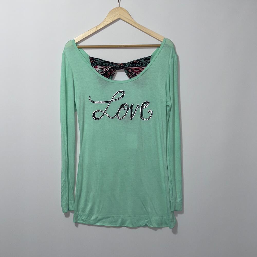 Sugar high turquoise love bow blouse women’s size large NWT